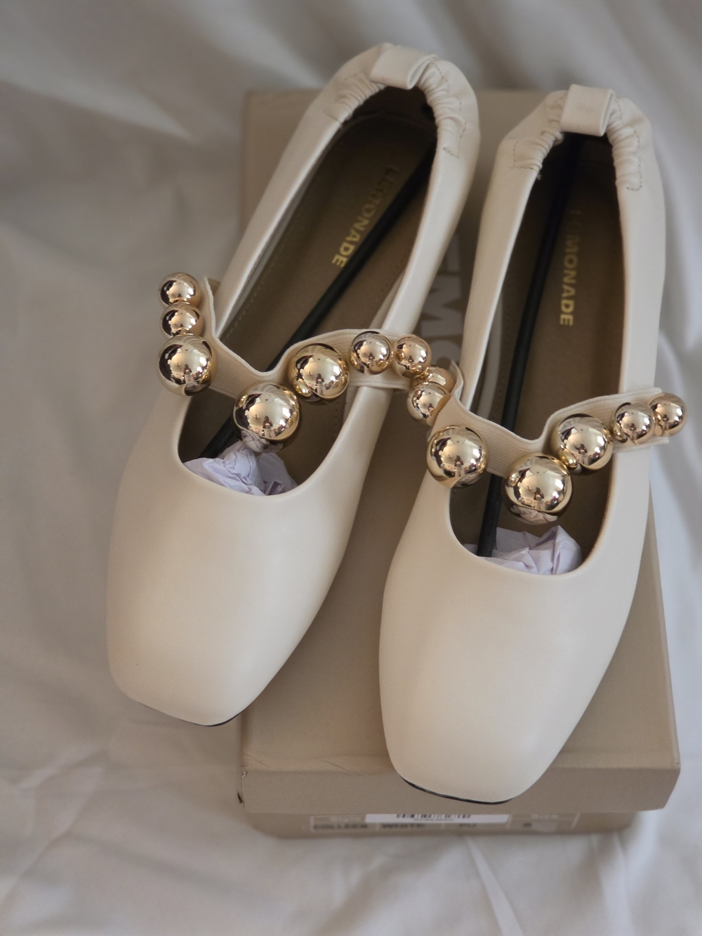 Lemonade Ivory Ballet Flats with Gold Bead Strap
